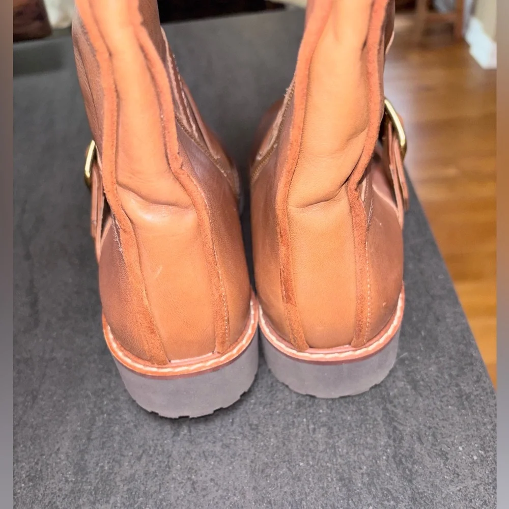 Franco Sarto Tall Boots Women’s 9.5M Cognac Leather Buckle Zip Lug Sole